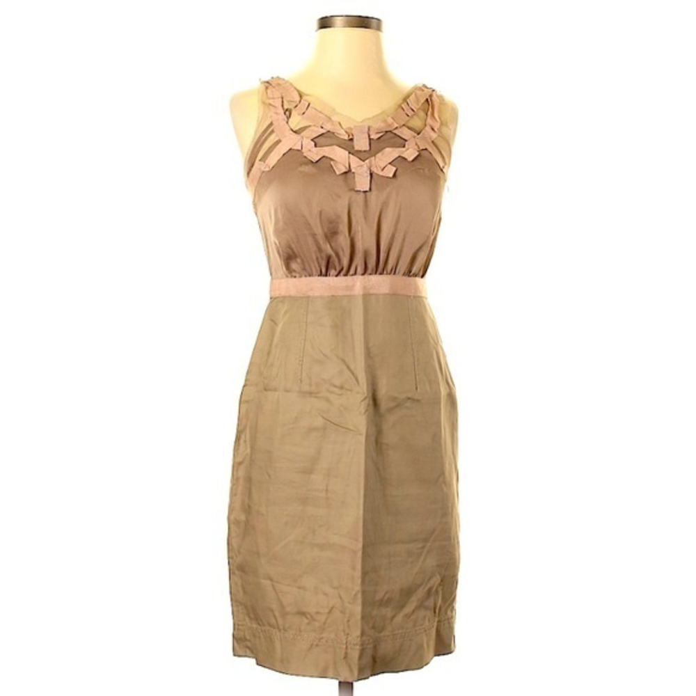Ann Taylor Loft 0‎ tan retro lace/ribbon sleeveless pencil skirt dress